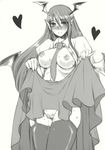  blush breasts doru_riheko greyscale head_wings heart highres koakuma large_breasts long_hair monochrome necktie nipples no_panties non-web_source open_clothes open_shirt pointy_ears pussy pussy_juice shirt skirt skirt_lift smile solo sweat thighhighs touhou uncensored wings 