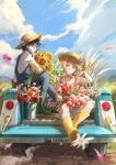  1boy 1girl alternate_costume arm_tattoo arm_up bandaid bandaid_on_knee bandaid_on_leg black_hair blonde_hair blue_overalls blurry boots brown_gloves bucket closed_mouth cloud contemporary daisy_(flower) day depth_of_field earclip english_commentary eyeliner facial_mark flower forehead_mark genshin_impact gloves grass green_boots green_hair hair_between_eyes hand_on_headwear hat hat_flower highres holding holding_flower license_plate light_blush looking_at_another lumine_(genshin_impact) makeup motor_vehicle mouth_hold multicolored_hair on_truck outdoors overall_shorts overalls peatchoune pickup_truck pink_flower pink_petals red_eyeliner red_flower shirt short_hair_with_long_locks short_sleeves sitting sleeveless sleeveless_shirt smile socks stalk_in_mouth straw_hat streaked_hair sunflower tattoo truck tulip wheat white_flower white_shirt white_socks wind xiao_(genshin_impact) yellow_boots yellow_eyes yellow_flower yellow_overalls 