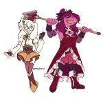  1boy 1girl animal_ears apollo_(postingterminal) black_bow black_thighhighs boots bow brown_corset brown_gloves brown_hat chalk commentary corset cosplay crossdressing deltarune dress english_commentary fingerless_gloves gloves goat_boy goat_ears goat_horns grin hair_bow half_updo hat highres holding holding_polearm holding_weapon horns long_hair long_sleeves magical_girl mahou_shoujo_madoka_magica pink_horns polearm purple_hair ralsei red_boots red_dress reptile_girl sakura_kyoko sakura_kyoko_(cosplay) sharp_teeth shirt skirt sleeveless sleeveless_dress smile striped_clothes striped_thighhighs susie_(deltarune) teeth thighhighs tomoe_mami tomoe_mami_(cosplay) utdr_(toby_fox) vertical-striped_clothes vertical-striped_thighhighs weapon white_fur white_shirt yellow_skirt 