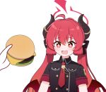  1girl 1other absurdres black_jacket blue_archive burger demon_horns fang food halo highres holding holding_food horns jacket junko_(blue_archive) long_hair military_uniform necktie open_mouth pointy_ears red_eyes red_hair red_halo red_necktie simple_background sparkling_eyes tonghua_sakana twintails white_background 
