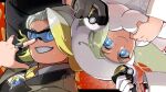  1boy 1girl blonde_hair blue_eyes bright_pupils coat glint gloves gordie_(pokemon) grey_jacket grin hat highres inu_desu111 jacket jewelry melony_(pokemon) poke_ball pokemon pokemon_swsh ring rotational_symmetry single_glove smile sweat ultra_ball white_coat white_hat white_pupils 