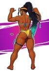  1girl absurdres ass back_muscles bikini blue_nails braid capcom colored_tips dark-skinned_female dark_skin earbuds earphones highres kimberly_jackson multicolored_hair multicolored_headband muscular sticker street_fighter street_fighter_6 swimsuit vj99 walkman yellow_bikini 