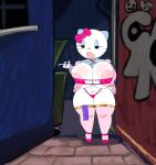absurd_res alley anthro areola areola_slip big_breasts bikini blush blush_stickers bow_(feature) breasts cigarette clothing condom condom_wrapper domestic_cat felid feline felis female graffiti hello_kitty_(character) hello_kitty_(series) hi_res hoodie legwear mammal narrowed_eyes navel nipple_outline open_mouth prostitution sanrio savagensfw sexual_barrier_device solo swimwear teeth thick_thighs thigh_highs topwear two-piece_swimsuit whiskers white_body