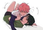  2girls after_kiss alien_stage arrow_(symbol) black_hair black_sweater collared_shirt commentary english_commentary girl_on_top green_shirt lying mizi_(alien_stage) multiple_girls off-shoulder_sweater off_shoulder on_back pink_hair purple_eyes saliva saliva_trail shirt short_hair sua_(alien_stage) sweater the_quipper white_shirt yellow_eyes yuri 