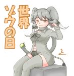  1girl absurdres african_forest_elephant_(kemono_friends) animal_ears blush bow elephant_ears elephant_girl elephant_tail green_shorts grey_hair grey_scarf grey_shirt grey_thighhighs hair_bow hand_in_own_hair highres kemono_friends long_sleeves looking_at_viewer midriff_peek multicolored_hair navel nokemono-san_(bocchi_friend) scarf shirt short_shorts shorts sitting smile solo thighhighs translation_request twintails white_hair yellow_eyes 