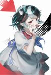  1girl arrow_(symbol) arrow_print back_bow black_hair blue_bow blue_neckerchief blue_sash bow breasts collar commentary_request dress grey_dress hand_up highres kijin_seija large_breasts neckerchief pointy_ears pomze red_collar red_eyes red_streaks sash small_horns solo tongue tongue_out touhou white_background white_streaks 