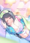  1girl ahoge bed black_hair blanket blue_eyes blurry blurry_background blush breasts cleavage clothes_pull collarbone depth_of_field grey_hair hair_ornament hat highres inohara_koboshi jacket large_breasts long_hair long_sleeves looking_at_viewer lying nightcap one_eye_closed ongeki pajamas panties pants pants_pull pillow sleepy solo star_(symbol) star_hair_ornament star_print starfish striped_clothes striped_panties trypan_blue twitter_username underwear waking_up white_panties 