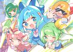 6+girls :d alternate_costume animal_ears antennae bird_ears blonde_hair blue_bow blue_eyes blue_jacket blue_pants blue_skirt blush bow brown_shoes ceiling chalkboard cirno clenched_hand closed_eyes commentary_request daiyousei fairy_wings fangs green_eyes green_hair hair_bow hair_ornament hand_up hood hoodie iosys jacket komeiji_koishi light_rays medium_hair mikako_chan3 multiple_girls mystia_lorelei one_eye_closed outstretched_hand pants pink_hair pink_hoodie pleated_skirt pointer red_ribbon ribbon rumia school_uniform shirt shoes short_hair skirt smile sparkling_eyes sunglasses sweatpants team_9_(touhou) third_eye touhou white_shirt wing_hair_ornament wings wriggle_nightbug 
