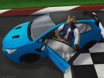 2025 4_toes 5_fingers anthro belt blue_car blue_clothing blue_collar blue_eyes blue_jacket blue_markings blue_tail_tip blue_topwear bottomwear brown_belt brown_body brown_ears brown_feet brown_fur brown_hands brown_snout brown_tail canid canine car chest_tuft clothing collar collar_tag detailed_car dipstick_tail english_text feet fingers fox fur fur_markings grey_bottomwear grey_clothing grey_shorts grin hi_res high-angle_view jacket jersey kemira letterman_jacket looking_at_viewer male mammal markings open_door outside pointy_ears prick_ears racetrack shirt shorts signature smile solo standing tail tail_markings text toes topwear toyota tuft vehicle vulan_(flyinfox) white_sleeves