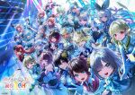  6+girls adjusting_clothes adjusting_gloves ahoge aizawa_ema amayui_moka aqua_bow aqua_bowtie aqua_hair arm_behind_head arm_up armlet armpits arms_behind_head asumi_sena bare_shoulders black_bow black_bowtie black_gloves black_hair black_ribbon blonde_hair blue_bow blue_bowtie blue_eyes blue_hair blue_necktie blunt_bangs blush bodice bow bowtie braid brown_hair capelet cattleya_regina_games center_frills choya_hanabi claw_pose clenched_hand closed_mouth clothing_cutout collar collared_shirt copyright_name crown dark-skinned_female dark_skin double-parted_bangs double_bun earrings everyone facial_mark fang finger_to_mouth flower frilled_collar frilled_gloves frilled_shirt frilled_skirt frills ghost_hair_ornament gloves gradient_hair green_eyes green_hair green_sleeve_cuffs grey_eyes grey_hair hair_between_eyes hair_bow hair_bun hair_flaps hair_flower hair_ornament hair_ribbon hair_rings hairclip hanabusa_lisa hands_up ichinose_uruha index_finger_raised iris_black_games jewelry kaga_nazuna kaga_sumire kagawa_ichigo kaminari_qpi kisaragi_ren_(vtuber) kogara_toto komori_met kurumi_noah logo long_hair long_sleeves low_twin_braids lupinus_virtual_games mini_crown mole mole_under_eye monitor multicolored_hair multiple_girls necktie nekota_tsuna one_eye_closed open_hand open_mouth orange_bow orange_bowtie orange_eyes orange_sailor_collar outstretched_arm outstretched_hand own_hands_together pink_bow pink_bowtie pink_eyes pink_hair pink_sailor_collar ponytail purple_bow purple_bowtie purple_eyes purple_hair purple_sailor_collar rabbit_hair_ornament red_bow red_bowtie red_eyes red_hair red_necktie ribbon rose sailor_collar sendo_yuuhi shinomiya_runa shiranami_ramune shirt short_hair shoulder_cutout single_hair_ring single_hair_streak skin_fang skirt sleeveless sleeveless_shirt smile split-color_hair stage stage_lights streaked_hair swept_bangs tachibana_hinano tosaki_mimi triangle triangle_facial_mark tsumugi_kokage twin_braids twintails two-tone_hair two_side_up v virtual_youtuber vspo! w_arms white_bow white_bowtie white_capelet white_gloves white_hair white_skirt wrist_cuffs x_hair_ornament yakumo_beni yano_kuromu yellow_bow yellow_bowtie yellow_eyes yellow_flower yellow_necktie yellow_rose yellow_sailor_collar yumeno_akari 