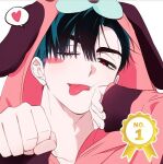  1boy alien_stage animal_ears black_eyes black_hair blush_stickers commentary dog_ears english_commentary fake_animal_ears hand_on_own_face ivan_(alien_stage) looking_at_viewer lubya male_focus one_eye_closed onesie pajamas portrait red_pajamas red_pupils single_blush_sticker solo tongue tongue_out 