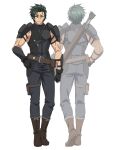  2boys anime_coloring arm_armor armor arrow_(projectile) back belt belt_pouch biceps black_gloves black_jacket boots breastplate brown_belt brown_boots brown_eyes clenched_hand closed_mouth full_body gloves green_hair grey_pants hair_slicked_back hand_on_own_hip highres isouchi_yuusuke jacket looking_at_viewer multiple_boys multiple_views muscular nageki_no_bourei_wa_intaishitai official_art pants pouch short_hair shoulder_armor simple_background sleeveless sleeveless_jacket smile standing sven_anker thigh_belt thigh_pouch thigh_strap transparent_background v-shaped_eyebrows 