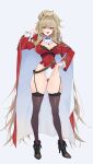  1girl absurdres aiguillette ascot azur_lane black_boots black_thighhighs boots breasts brown_eyes brown_hair cape cleavage commentary crossed_bangs earrings epaulettes fangs full_body garter_straps hair_between_eyes hand_in_own_hair hand_on_own_hip high_heel_boots high_heels highleg highleg_leotard highres jacket jewelry large_breasts leotard lion_(azur_lane) long_hair long_sleeves looking_at_viewer open_mouth red_jacket simple_background solo standing stud_earrings symbol-only_commentary thighhighs very_long_hair white_ascot white_leotard zzzearly 