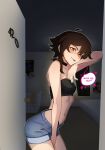  1girl ahoge bandeau bare_arms bare_shoulders bedroom black_bandeau black_choker blush breasts brown_hair choker commentary cowboy_shot denim denim_shorts door doorway english_commentary english_text heart hhiikyo highres indoors looking_at_viewer midriff open_door orange_eyes original pov_doorway short_hair short_shorts shorts small_breasts smile solo speech_bubble strapless teeth tomboy tube_top upper_teeth_only 