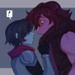  ! 1girl 1other armor black_gloves black_jacket blue_hair blue_skin colored_skin commentary deltarune english_commentary gloves hair_over_eyes highres jacket kris_(dark_world)_(deltarune) kris_(deltarune) long_hair mr_kreuu purple_hair purple_skin reptile_girl sleeveless sleeveless_jacket spoken_exclamation_mark susie_(dark_world)_(deltarune) susie_(deltarune) utdr_(toby_fox) 