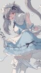  1girl animal_ears apron artist_name blue_dress blue_eyes bow cat_ears cat_girl cat_tail dress facial_mark final_fantasy final_fantasy_xiv fork frills grey_background grey_hair heterochromia highres long_hair looking_at_viewer maid maid_headdress miqo'te open_mouth oversized_object red_eyes short_sleeves solo tail thighhighs tochigi_1990 twintails warrior_of_light_(ff14) watermark weibo_username weibo_watermark white_thighhighs wrist_cuffs 