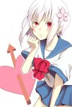  1girl a_certain_high_school_uniform accelerator_(toaru_majutsu_no_index) albino arrow_(symbol) arrow_through_heart bare_arms blue_sailor_collar blue_skirt blush bow clenched_hand closed_mouth commentary cowboy_shot flower genderswap genderswap_(mtf) hair_between_eyes hair_flower hair_ornament hand_up heart looking_at_viewer medium_hair miniskirt negiko123123 pink_flower pleated_skirt red_bow red_eyes sailor_collar school_uniform serafuku shirt short_sleeves sidelocks skirt solo summer_uniform suzushina_yuriko toaru_majutsu_no_index v-shaped_eyebrows white_background white_hair white_shirt 