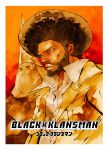  2boys 70s afro beard black_hair black_skin blackkklansman collared_shirt facial_hair highres hooded jacket ku_klux_klan masked multiple_boys official_art oldschool poster_(object) ron_stallworth shirt takei_hiroyuki white_robe yellow_jacket 