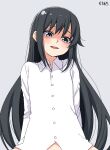  1girl artist_name asashio_(kancolle) black_hair blue_eyes blush buttons collared_shirt evil_smile grey_background kantai_collection long_hair long_sleeves moti_coi one-hour_drawing_challenge open_mouth shaded_face shirt signature simple_background smile solo upper_body white_shirt 
