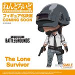  1boy animification belt black_belt black_gloves black_necktie character_name chibi collared_shirt english_commentary facial_hair fingerless_gloves gloves goodsmile_company grey_pants gun handgun helmet highres holding holding_gun holding_weapon logo lone_survivor_(pubg) male_focus necktie nendoroid official_art pants playerunknown&#039;s_battlegrounds promotional_art shirt solo stubble weapon white_background white_shirt 