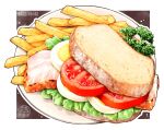  bacon bread bread_slice commentary_request egg egg_(food) food food_focus french_fries lettuce no_humans ooranokohaku original plate sandwich still_life tomato 
