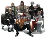  1girl 6+boys absurdres bangs beard black_hair blonde_hair blue_eyes boruto:_naruto_next_generations breasts chair character_request cleavage commentary commentary_request couch crossed_arms facial_hair facial_mark hair_between_eyes hatake_kakashi highres japanese_clothes kemu_(19002265km) long_sleeves looking_at_viewer mask mouth_mask multiple_boys namikaze_minato naruto naruto_(series) naruto_shippuuden ninja own_hands_together pants red_headwear sandals scar scar_on_face short_hair simple_background sitting smile smoking_pipe spiked_hair symbol-only_commentary uzumaki_naruto white_hair 