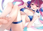  1girl absurdres ayamy bangs bare_shoulders blush bow breasts choker collarbone fingernails hair_bow highres hololive long_hair looking_at_viewer minato_aqua nail_polish open_mouth purple_hair scan shiny shiny_hair simple_background smile solo swimsuit thigh_strap thighs virtual_youtuber 