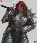  1girl armor armored_boots batako_(pixiv54063972) belt belt_buckle boots breastplate brown_belt brown_hair buckle cape chainmail closed_mouth commentary cowboy_shot dark-skinned_female dark_skin english_commentary faulds fingernails grey_background hand_on_hip highres holding holding_sword holding_weapon long_hair looking_at_viewer mature_female muscular muscular_female original over_shoulder paid_reward_available patreon_username pauldrons pelvic_curtain red_cape shiny shiny_hair shoulder_armor signature simple_background solo standing sword vambraces weapon weapon_over_shoulder web_address yellow_eyes 
