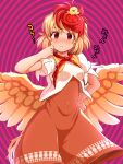 1girl @_@ animal_on_head bangs bird bird_on_head bird_tail bird_wings blonde_hair blush breasts brown_dress chick chicken commentary_request covered_navel dress feathered_wings hand_on_hip highres holding hypnosis looking_at_viewer low_wings medium_hair mind_control multicolored_hair niwatari_kutaka nose_blush on_head orange_dress parted_lips peso_(cheese_company) puffy_short_sleeves puffy_sleeves purple_background red_eyes red_hair shiny shiny_skin shirt short_sleeves small_breasts solo spiral_background standing sweat tail tail_feathers touhou translation_request two-tone_hair whistle white_shirt wings yellow_wings 