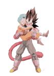  1boy absurdres body_fur bulma carrying carrying_person couple denim dragon_ball dragon_ball_gt embarrassed highres husband_and_wife jeans kiss lipstick_mark looking_at_another monkey_boy monkey_tail muscular muscular_male pants red_fur short_hair smile super_saiyan super_saiyan_4 tail vegeta widow&#039;s_peak yuuri_(fukuroudou) 