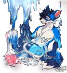  absurd_res anthro atlas canid canine fox glistening glistening_body goo_(disambiguation) goo_transformation hi_res male mammal paws pool_toy rubber rubber_transformation slime solo transformation worried yenkoby 