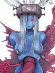  1girl alien blue_skin breasts colored_skin english_text espedraws extra_eyes final_fantasy final_fantasy_vii hair_over_one_eye highres jenova long_hair medium_breasts no_nipples red_eyes solo tube white_background white_hair 