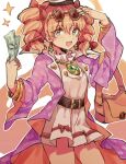  1girl :d bag bangs belt bow bracelet coat dress drill_hair earrings eyewear_on_head gem hair_bow highres holding holding_money jewelry long_hair looking_at_viewer money necklace open_mouth orange_hair pink_coat pink_dress red_bow ring shoulder_bag smile solo sunglasses sweetpotatojelly touhou twin_drills white_background yellow_eyes yorigami_jo&#039;on 