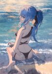  1girl ass barefoot beach bikini black_bikini blue_eyes blue_hair breasts cellphone earphones earrings holding holding_phone hololive hoshimachi_suisei jewelry long_hair looking_at_viewer looking_back maria_onnette musical_note_earrings outdoors phone ponytail sitting small_breasts smartphone solo star_(symbol) star_in_eye swimsuit symbol_in_eye virtual_youtuber wariza water 