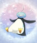  animal_focus bird bubble commentary_request eiscue eiscue_(noice) full_body looking_at_viewer no_humans outstretched_arms penguin pokemon pokemon_(creature) solo twitter_username uin6uad white_eyes 