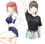  1girl animification ass belt breasts brown_eyes brown_hair character_request dual_persona hayami_sena highres long_hair looking_at_viewer mashin_sentai_kiramager nori_(norimakigumo) open_mouth ponytail shorts simple_background smile solo super_sentai white_background white_shorts 