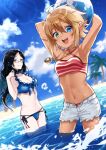  2girls armpits arms_up aura_bella_fiora ball beach beachball bikini bikini_top_only bikini_under_clothes black_hair blonde_hair blue_bikini blue_eyes blue_sky breasts cleavage closed_mouth cloud cloudy_sky dark_skin day dullahan elf frilled_bikini frills front-tie_top glasses green_eyes hair_between_eyes halterneck heterochromia highres holding holding_hair jewelry large_breasts light_rays long_hair looking_at_viewer midriff multiple_girls navel necklace ocean open_clothes open_mouth open_shorts overlord_(maruyama) pointy_ears poppu red_bikini reverse_trap shiny shiny_hair shiny_skin shorts side-tie_bikini_bottom sky smile string_bikini striped striped_bikini sunlight swimsuit tomboy water wind yuri_alpha 