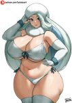  1girl bare_shoulders batako_(pixiv54063972) belly bikini blue_eyes breasts cleavage closed_mouth commentary_request cowboy_shot curvy elbow_gloves front-tie_bikini_top front-tie_top gloves hand_on_headwear hand_on_hip highres huge_breasts long_hair looking_at_viewer mature_female melony_(pokemon) multicolored_hair navel paid_reward_available partially_fingerless_gloves plump pokemon pokemon_(game) pokemon_swsh scarf shiny shiny_skin side-tie_bikini_bottom simple_background skindentation smile solo standing streaked_hair swimsuit thighhighs white_background white_bikini white_gloves white_headwear white_scarf white_thighhighs wide_hips 