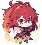  1girl armor character_request chibi closed_mouth copyright_request expressionless fire full_body hair_intakes highres holding holding_sword holding_weapon looking_at_viewer red_eyes red_hair short_hair solo sword transparent_background weapon yoriteruru 