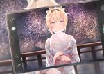  1girl absurdres blonde_hair blue_eyes blurry blurry_background cellphone ch13 cotton_candy fireworks highres hololive japanese_clothes kazama_iroha kimono night phone ponytail railing smartphone smile taking_picture virtual_youtuber yukata 