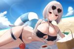  1girl absurdres apple azur_lane beach beach_mat bikini black_bikini breasts cc_(c~fua) cup eyewear_on_head food fruit heart heart-shaped_eyewear highres innertube large_breasts lying o-ring o-ring_bikini o-ring_top official_alternate_costume on_side picnic_basket red_eyes scrunchie short_hair sirius_(azur_lane) sirius_(scorching-hot_seirios)_(azur_lane) sunglasses swimsuit thigh_strap white_hair white_scrunchie wrist_scrunchie 