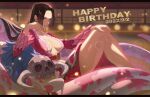  1girl bangs bare_legs black_hair blue_eyes blurry boa_hancock bokeh breasts cleavage crop_top crossed_legs dated depth_of_field earrings eyes_visible_through_hair feather-trimmed_sleeves feet_out_of_frame forehead hand_on_own_knee happy_birthday head_rest highres jewelry knees_up large_breasts letterboxed light_particles long_hair looking_at_viewer one_piece parted_bangs parted_lips qin_(7833198) salome_(one_piece) sarong sitting skull smile snake snake_earrings solo straight_hair 