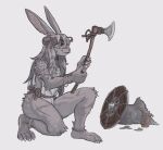  2022 anklet anthro biped bracelet claws digital_media_(artwork) facial_scar female fur grey_body grey_fur grey_hair hair hi_res holding_axe jewelry kneeling lagomorph leporid long_hair mammal rabbit scar scars_all_over shield simple_background solo toe_claws toffee_32 warrior white_background 