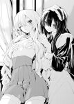  2girls apron blush breast_grab breasts commentary_request grabbing greyscale highres indoors long_hair maid_apron maid_headdress monochrome multiple_girls one_eye_closed original parted_lips small_breasts yuri zanka_(the-only-neat) 