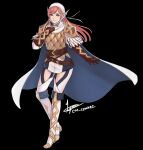  1girl alternate_costume armor black_background boots breastplate brown_eyes cape cherche_(fire_emblem) clothing_cutout cm_lynarc commentary dress english_commentary fire_emblem fire_emblem_awakening fire_emblem_heroes full_body hairband long_hair pantyhose pauldrons pink_hair short_dress shoulder_armor simple_background solo standing thigh_cutout white_cape white_footwear white_hairband white_pantyhose 