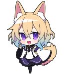  1girl animal_ears blonde_hair blue_hair blush character_request chibi copyright_request detached_sleeves fox_ears fox_girl fox_tail full_body gradient_hair highres long_sleeves looking_at_viewer multicolored_hair open_mouth purple_eyes purple_skirt short_hair skirt smile solo tail transparent_background yoriteruru 