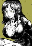  1girl absurdres black_dress black_hair blood blood_on_face breasts cleavage crying dress frown highres injury large_breasts medium_hair messy_hair nico_robin nosebleed one_piece solo thighs torn_clothes yellow_background yellow_eyes yotsumi_shiro 