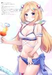  1girl absurdres ayamy bangs bare_shoulders blonde_hair blue_eyes blush bracelet breasts collarbone cup drinking_straw hair_ornament highres holding hololive jewelry looking_at_viewer navel parted_lips scan shiny shiny_hair simple_background solo stomach swimsuit thighs tropical_drink virtual_youtuber 