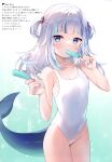  1girl absurdres ayamy bangs bare_shoulders blush breasts eating fingernails fish_tail food gawr_gura highres holding holding_food hololive looking_at_viewer nail_polish one-piece_swimsuit popsicle scan shark_tail shiny shiny_hair short_twintails simple_background small_breasts solo swimsuit tail thighs twintails virtual_youtuber white_hair 