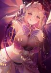  1girl arabian_clothes armpits azur_lane blonde_hair breasts bug butterfly butterfly_ornament chain curtains gloves gold_chain heart heart-shaped_pupils highres horns kumano_(azur_lane) kumano_(one_thousand_and_one_nights&#039;_wishes)_(azur_lane) large_breasts long_hair looking_at_viewer navel official_alternate_costume oni_horns pelvic_curtain purple_butterfly purple_eyes sea_nami smile solo symbol-shaped_pupils tongue tongue_out 